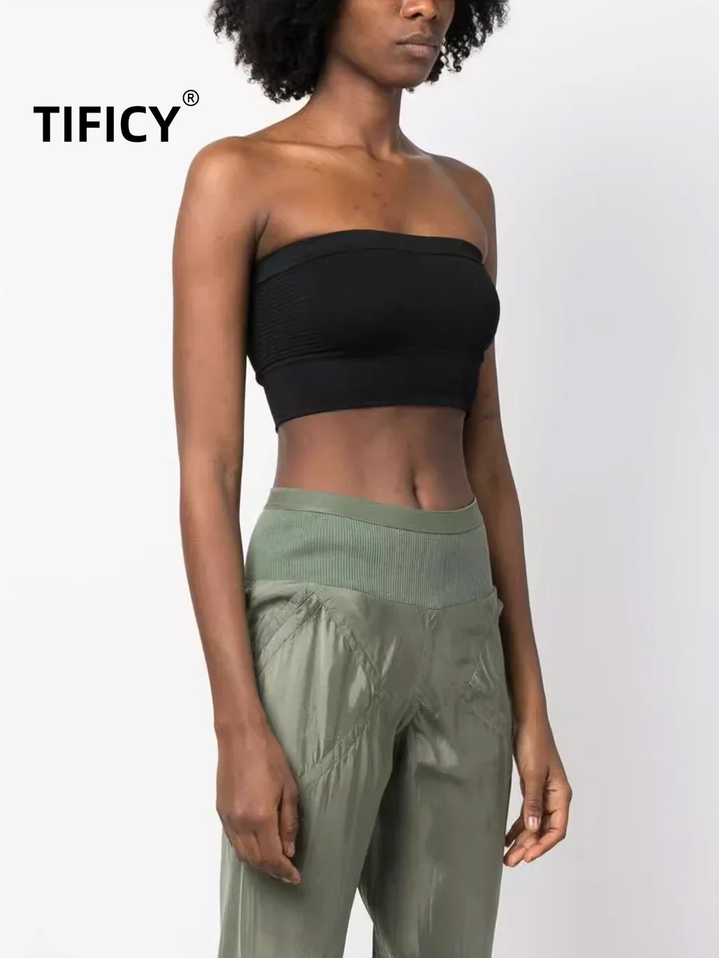 

TIFICY High Street Dark RO Tanks Women's Elastic Ribbed Patchwork Flat Corner Base Knitted Patchwork Strapless Crop Tops