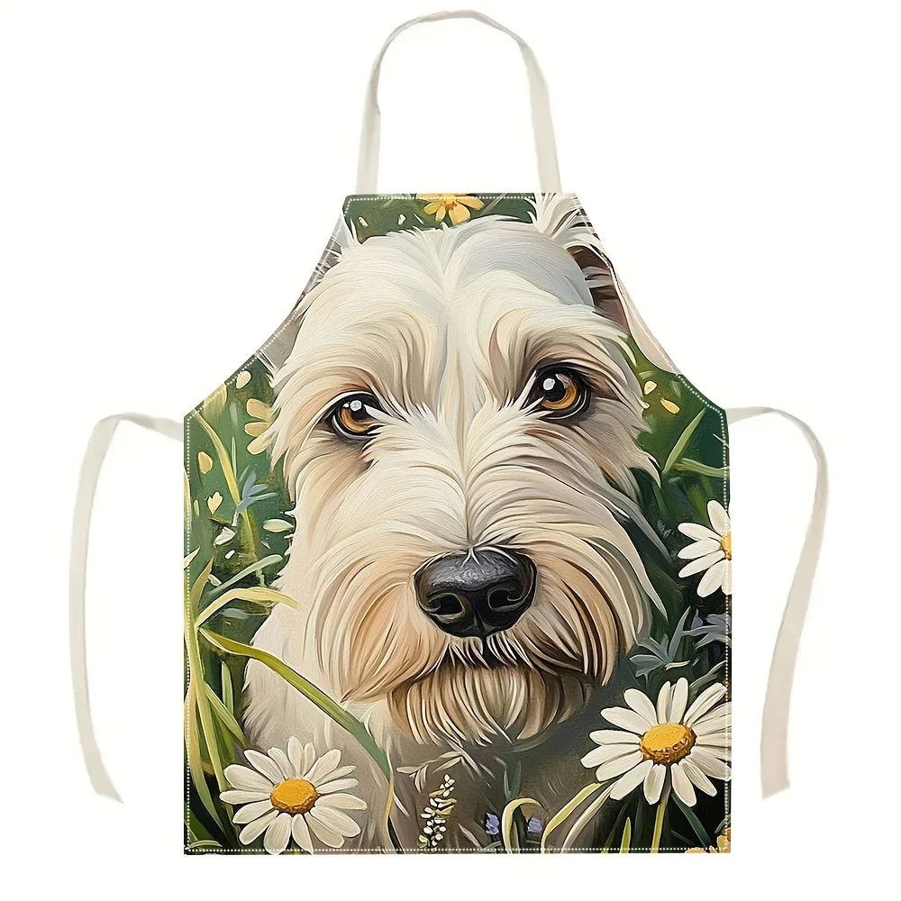 Cute White Dog Apron, Floral Puppy Kitchen Bib, Realistic Pet Lover Cooking Gift for Women Mom Home Decor Housewarming