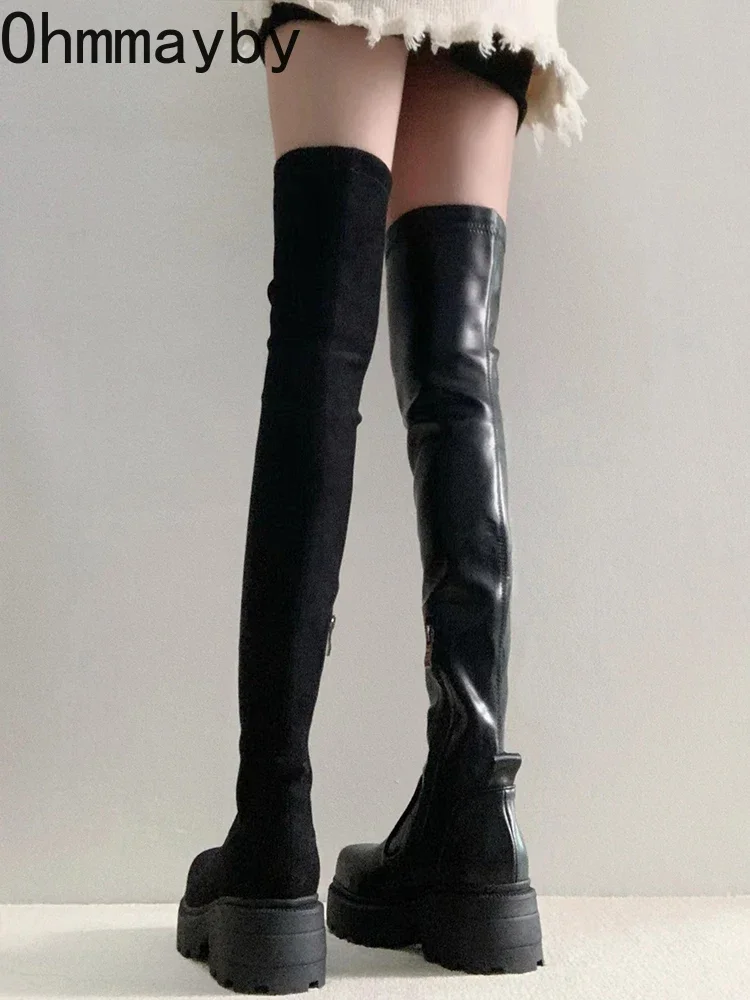 Stretch Slim Women Over the Knee High Boots Fashion Soft Leather Shoes Autumn Winter Thick Heel Ladies Knight Long Booties