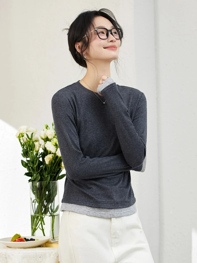 

VIMLY Long Sleeve T-shirts Autumn Women 2025 Causal Patchwork 2 in 1 Round Neck Knitted T-shirt Slim Fitting Female Tops A2010