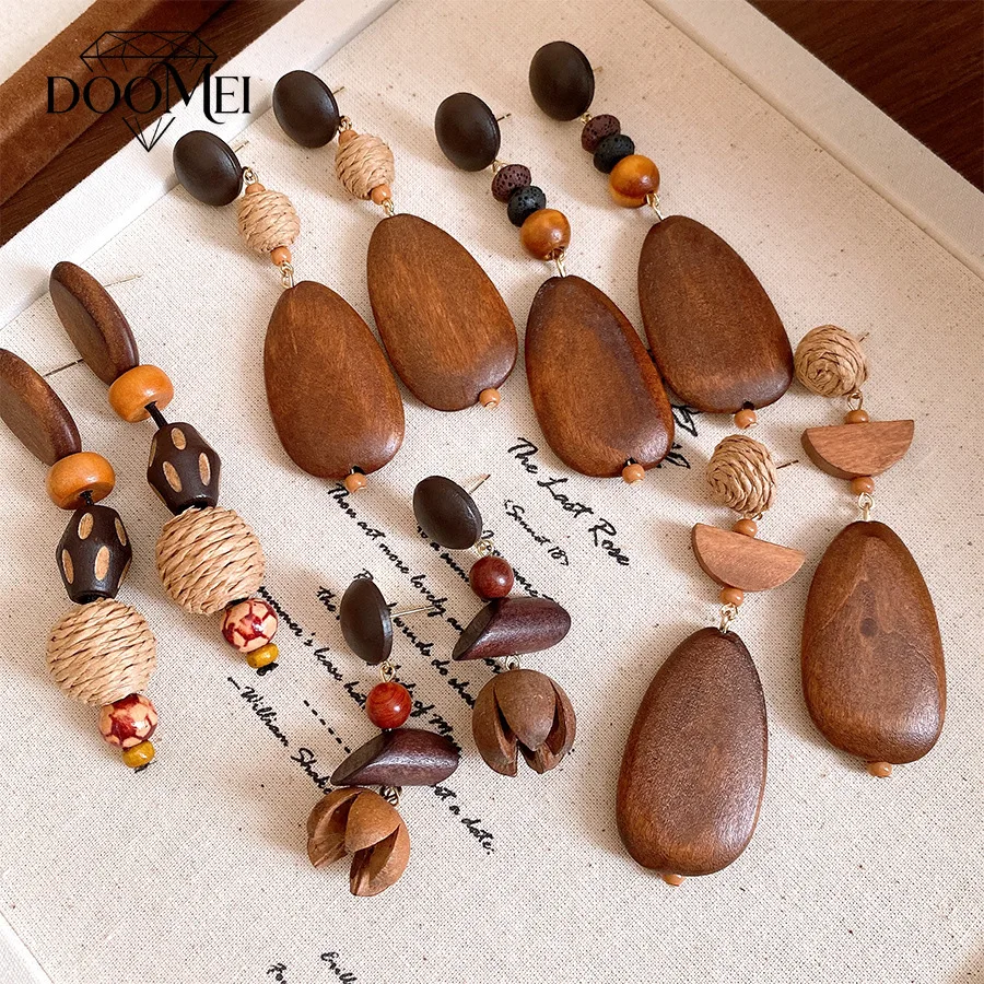 DOO MEI Bohemian Wooden Bead Dangle Earrings for Women Handmade Woven Rope Drop Earrings Party Wedding Fashion Ear Jewelry