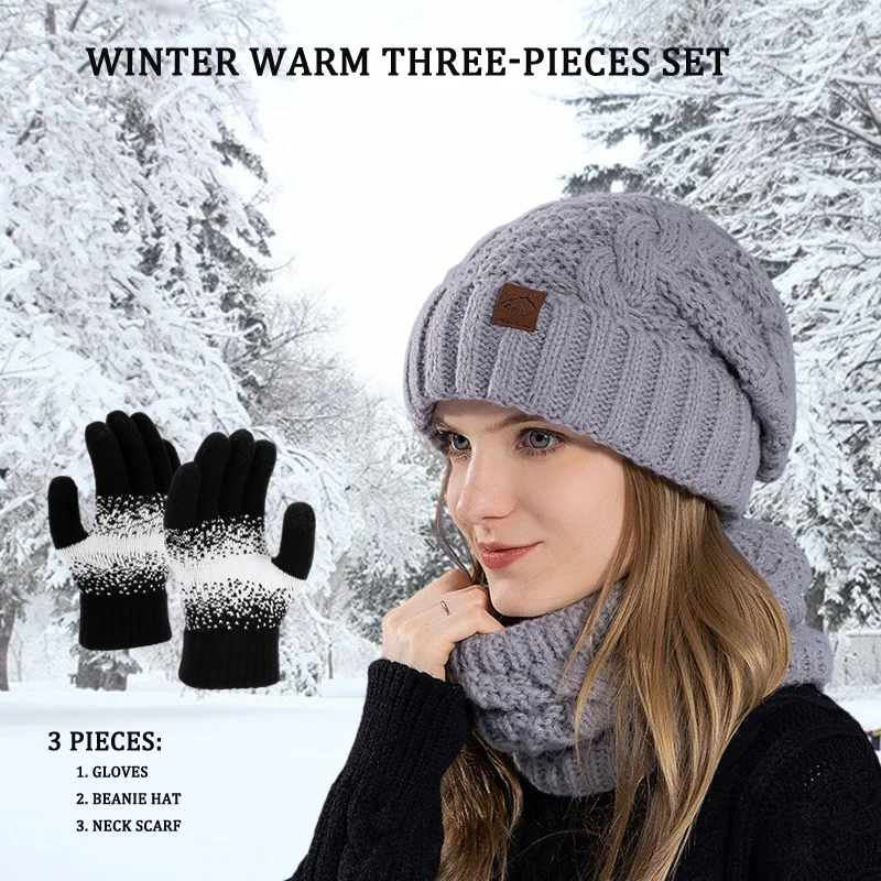 3 قطعة/المجموعة الشتاء قبعة وشاح للرقبة قفازات مجموعة المرأة الباردة والدافئة محبوك قبعة الأذن حامي قبعة لفصل الشتاء خارج الرياضة التزلج