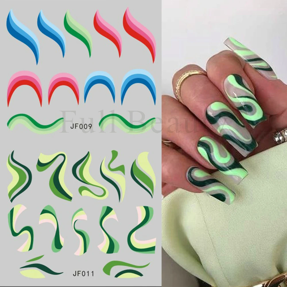 Wave Lines decalcomanie per unghie Set Swirl Nail Stickers Rainbow Water Transfer Sliders French Manicure Guide copertura completa Wraps NTJF1-12