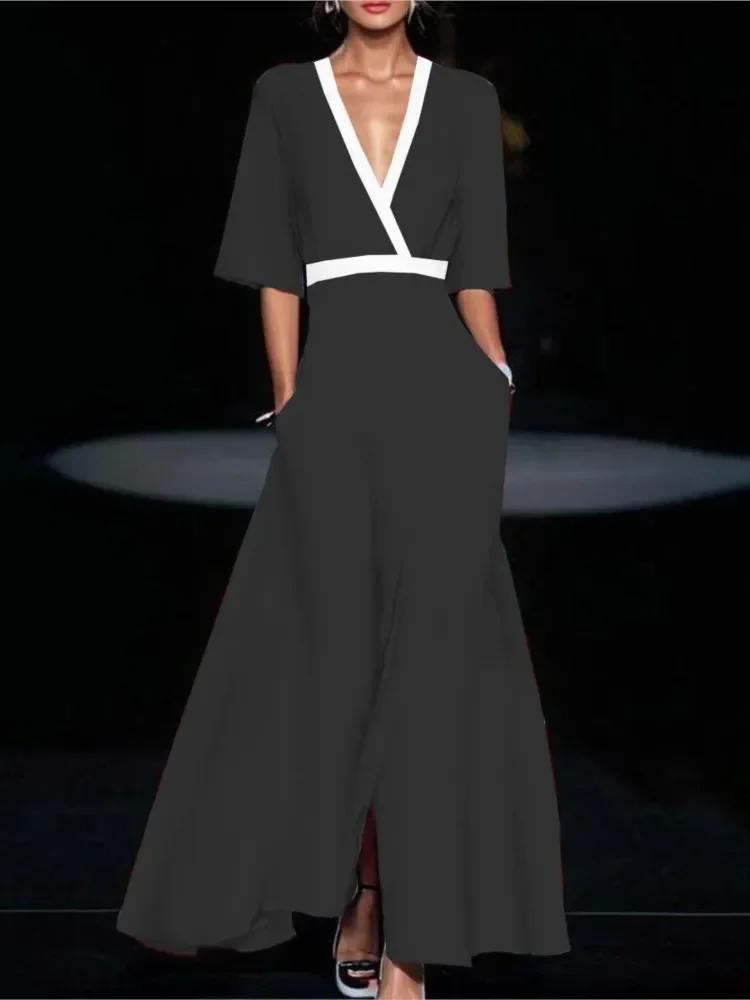 لطيفة المرأة 2025 الربيع الخامس الرقبة مربوط حفلة فستان طويل مثير الطباعة ألف خط بوهو فستان الصيف قصيرة الأكمام جيب ماكسي فساتين