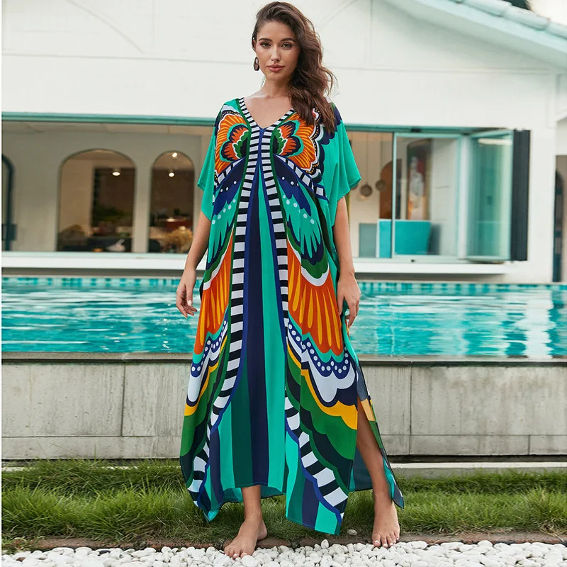 Women Summer Beach Cover Up Dress Lightweight Rayon Printed Kimono Style Loose Fit Swimwear Outerwear for Bikini