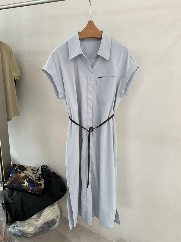 

Korean Style Simple Mid-Length Shirt Dress Women's Spring Summer Belted Waist Slit Turn-down Collar Short Sleeve Dress