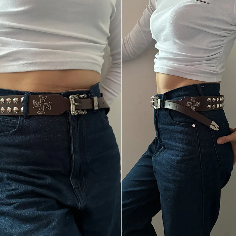 Unisex Cross Jeans Belt FeMale Gothic Accessory Punk Y2k Designer Belts For Women Hip Hop Plus Size Rivet Black Men's Belt Male