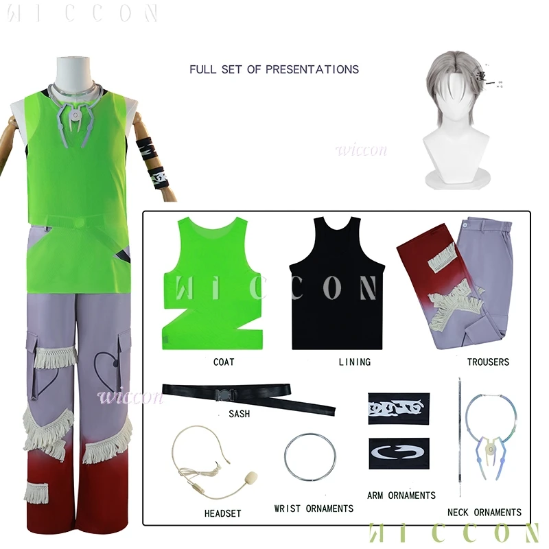 Anime Cos ALIEN STAGE TILL 코스프레 옷 R7 Blink Gone 가발 복장 Till Costume Prop Armband 녹색 조끼 성능 할로윈 P