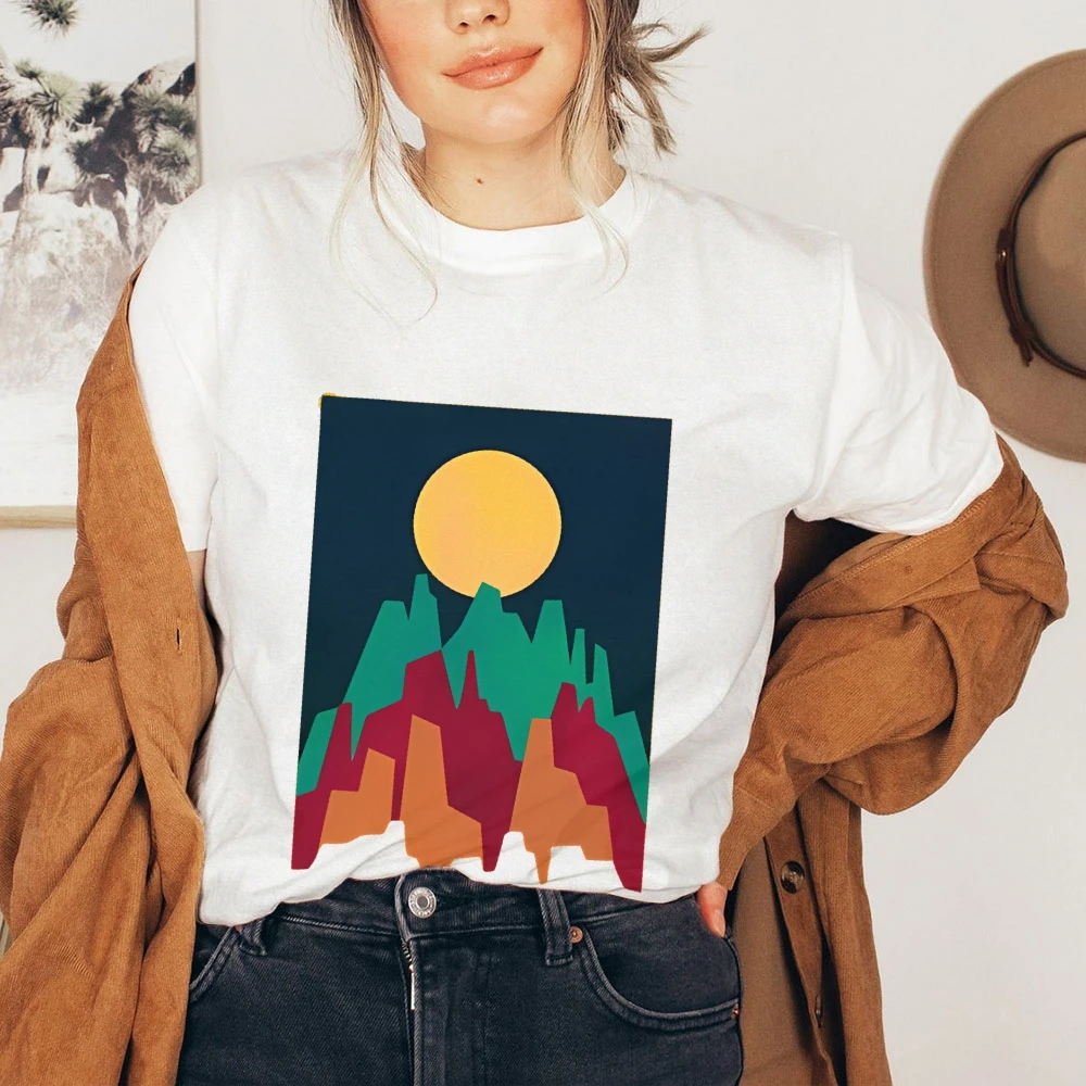 

Sunset Mountain Tee White T Shirt Colorful Mountain Sunset Graphic Casual Loose Short Sleeved Artistic Nature Comfortable Top