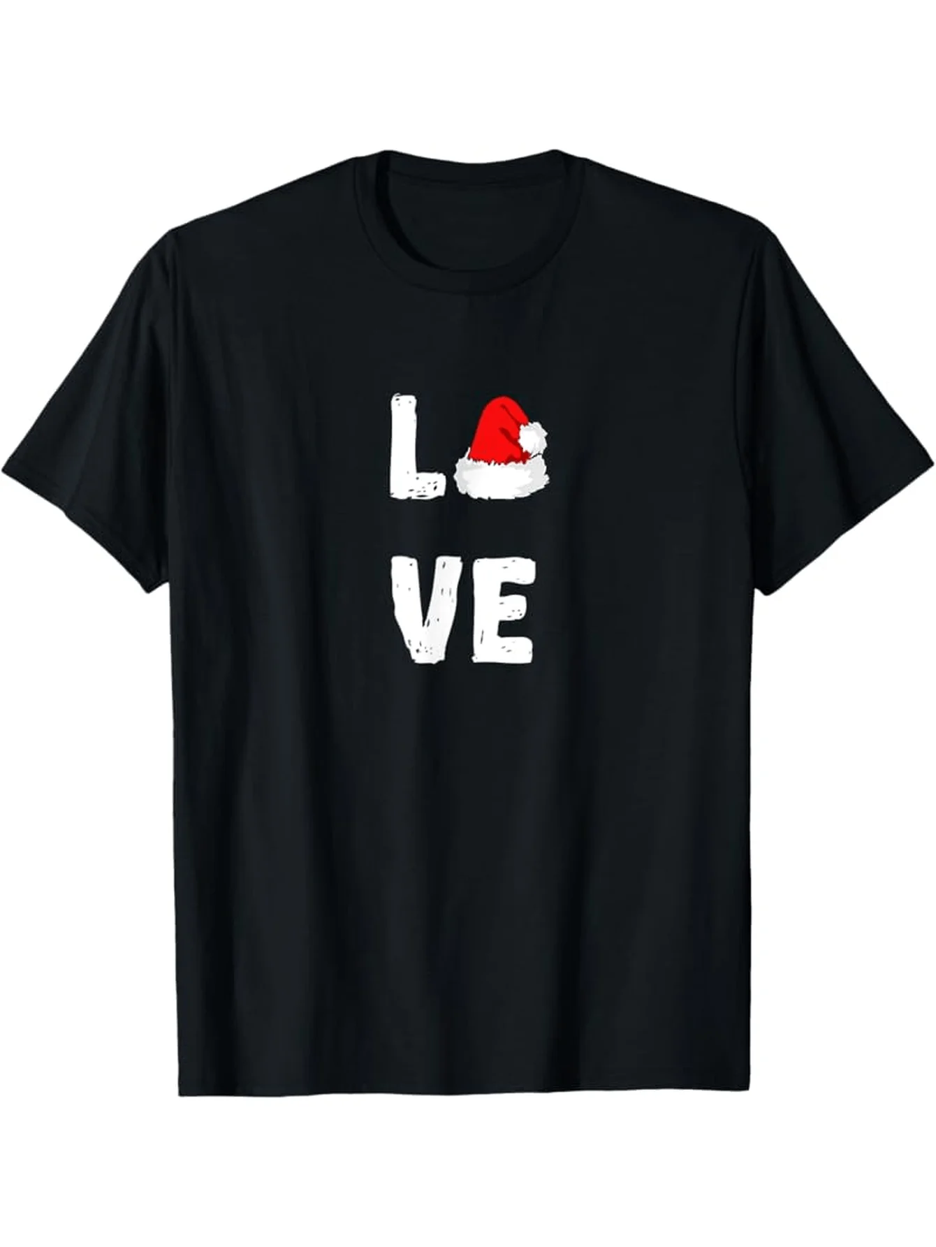 Funny Men's Black Graphic T-Shirt Santa Hat Love Letter Print Distressed White Typography Holiday Season Statement Design 100% Cotton Heavyweight Short Sleeve Casual Streetwear Tee