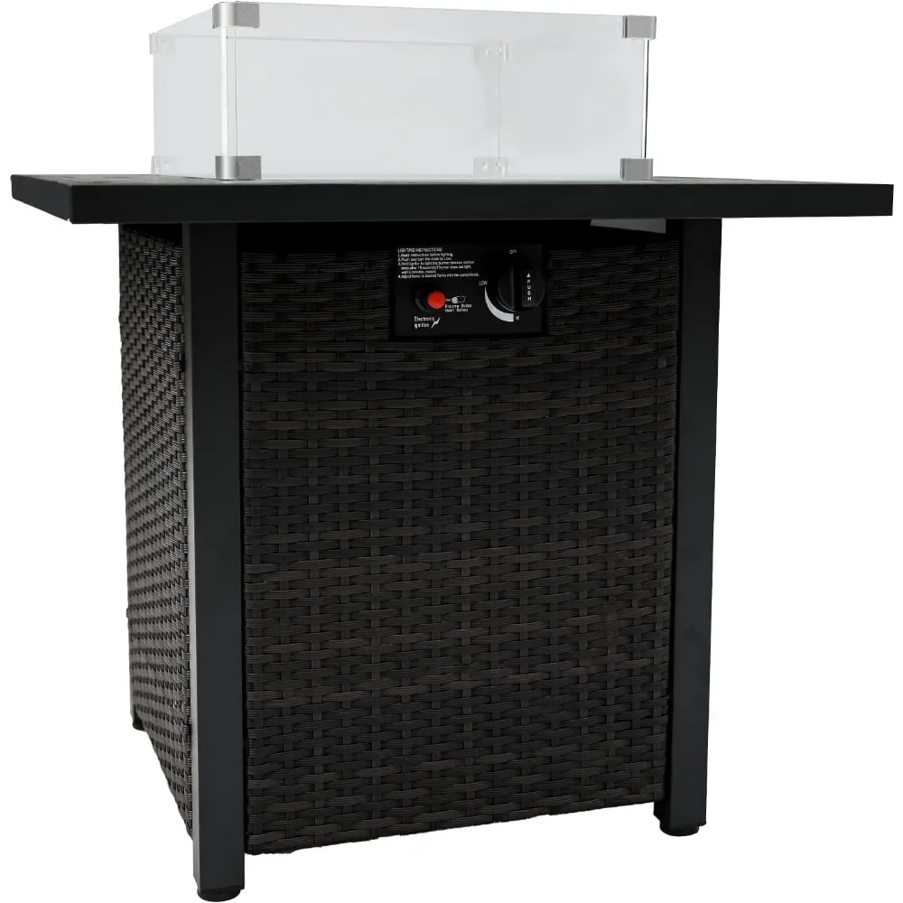

28" Fire Pit Table with Lid, Glass Wind Guard, CSA Listed, 50,000BTU, Wicker & Rattan Square Propane Outdoor Fire Pit