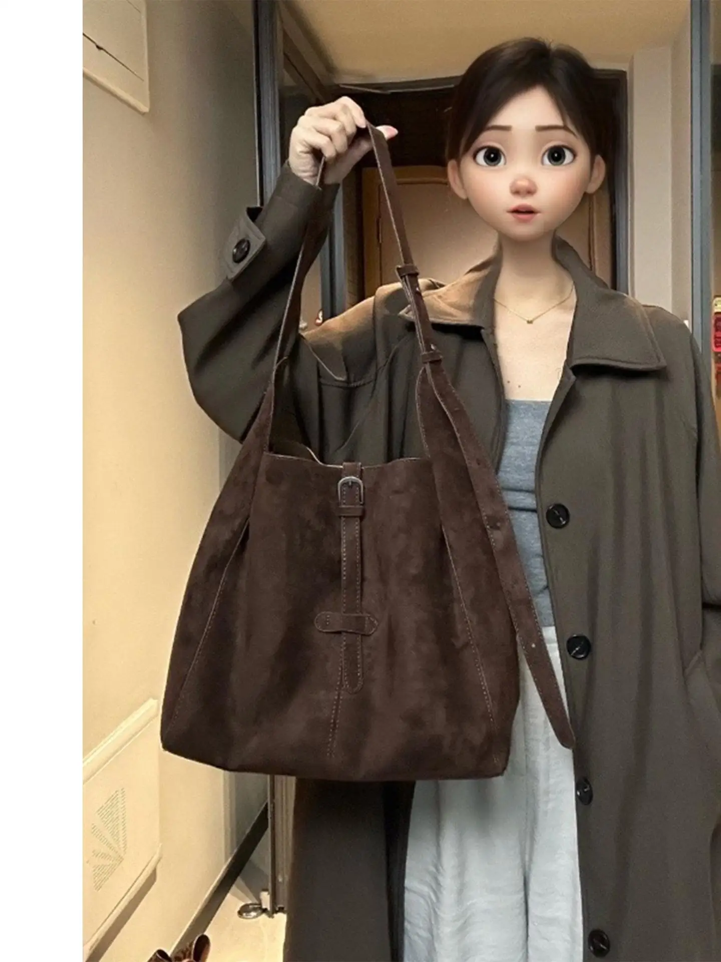 

American Retro Suede Suede Tote Women's Bag Large Capacity For Versatile Commuting And High-end Feel Trendy Single Shoulder Bags