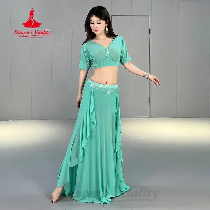 

Belly Dancing Costume Set for Women Light Luxury AB Stones Mesh Practice Clothes Oriental Dance Professional Training Clothing