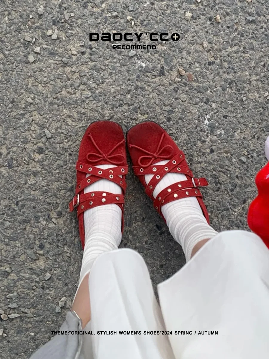 red-ballet-flat-shoes-women's-spring-2026-new-crossed-strap-knot-flat-bottom-fashionable-korean-style-slip-on-flats