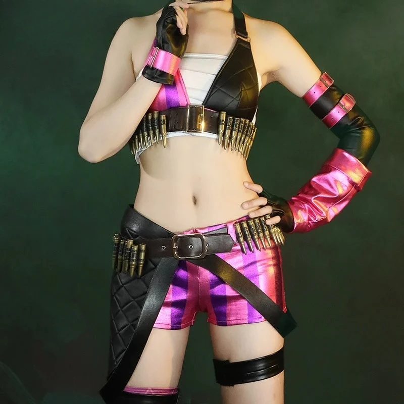 جميع أزياء الحفلات الباروكات Lol League of Legends Cos Jinx الحرير الخام الجلد مكافحة الشغب لولي تأثيري لعبة أنيمي فتاة الملابس
