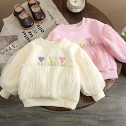 Girls Sweatshirt Lace Flower Sweater For Kids 2023 Spring Autumn Flower Embroidery Baby Tops Children's Clothes Korean Style