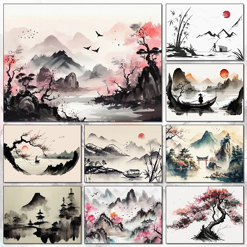 Chinese Landscape Birds Forest Mountain River Koi Carp Fish Ink Art Poster Canvas Painting Prints Wall Art Picture Home Decor