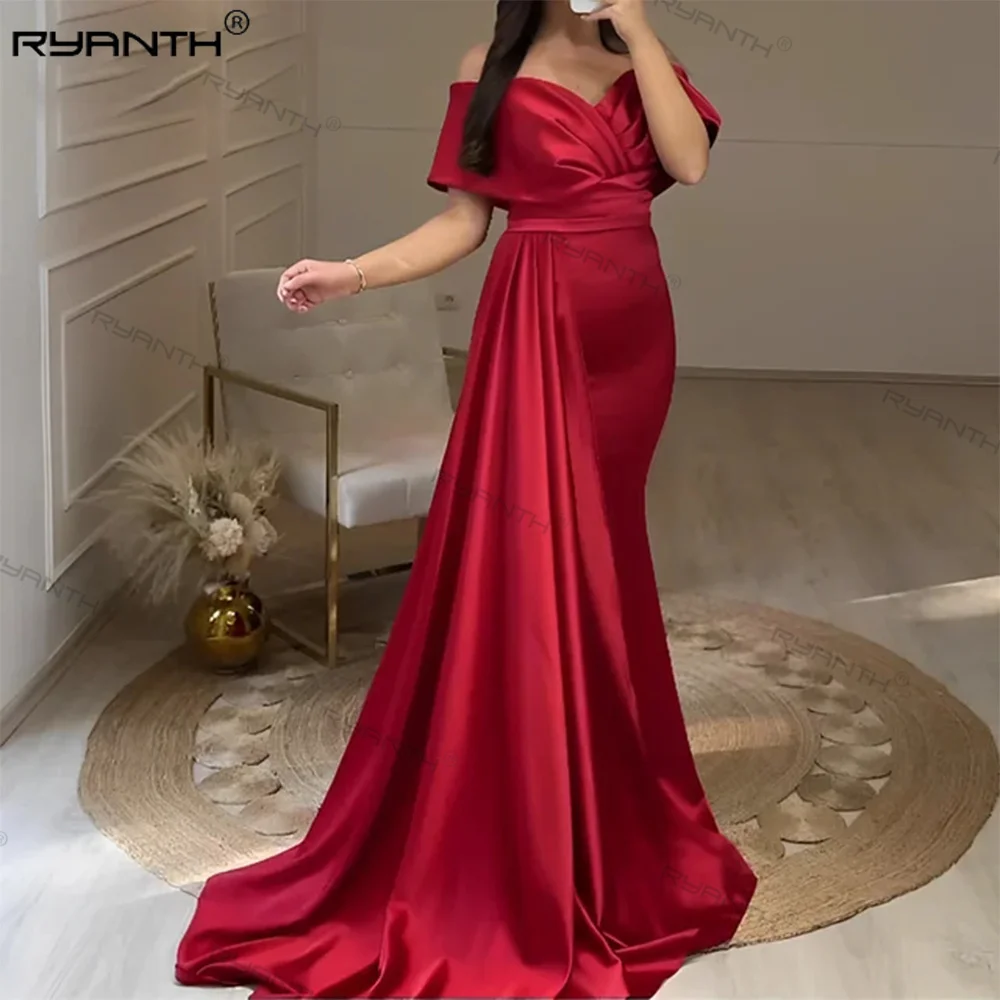 

Ryanth Off SHoulder Prom Dress For Women Mermaid Evening Dress Sweep Train Celebrity Dress Short Sleeve Carpet Perform Dress