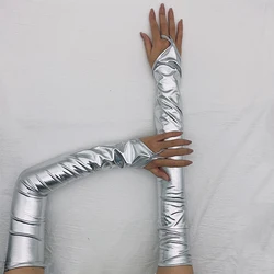 Women Ladies Wetlook Metallic Fingerless Latex Mittens Patent Leather Elbow Length Long Gloves Sexy Party Night Club Dancewear