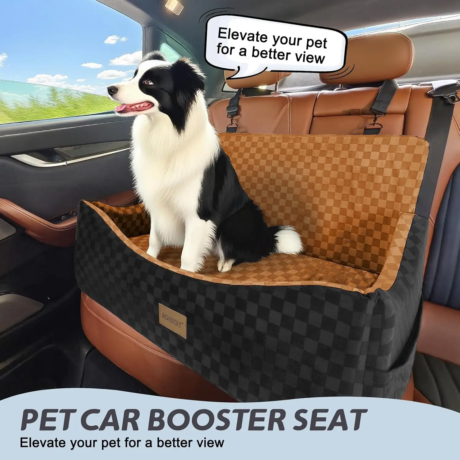 Dog Car Seat for Medium and Large Dogs, Reversible Dual-Sided Travel Dog Car Bed with Memory Foam, Washable Pet Booster Seat for Up to 55 lbs or 2 Small Dogs, 2 Safety Leashes, Brown