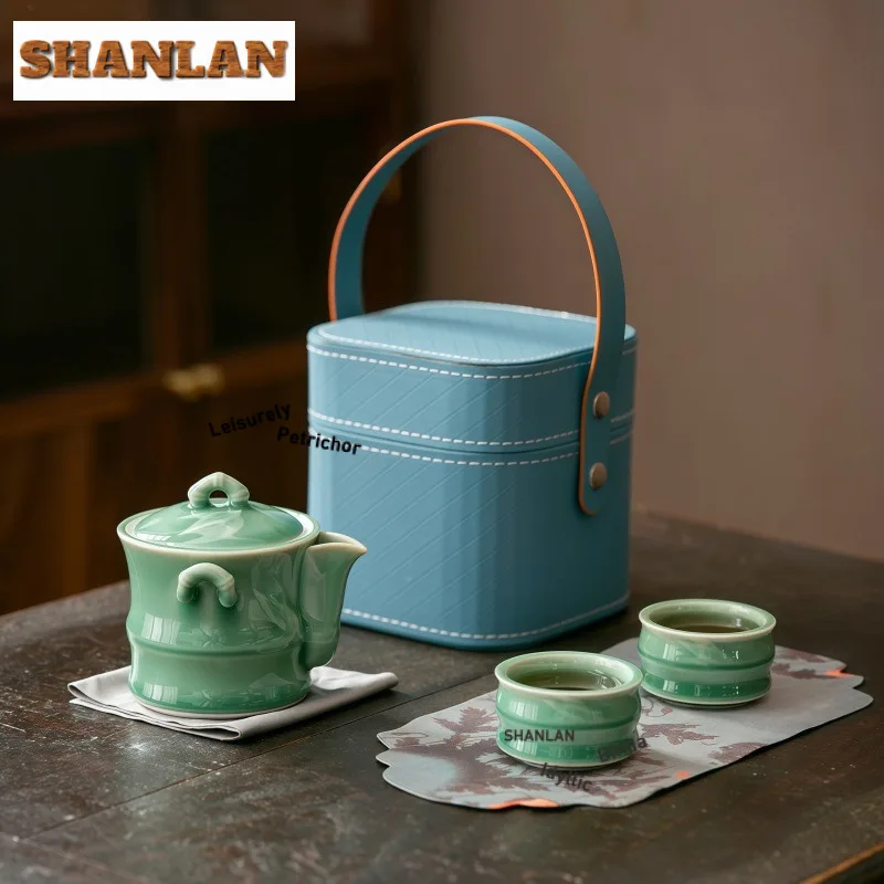 

Celadon Bamboo Joint Travel Tea Set Kit Retro Teapot and Tea Cup Set 1 Pot 2 Cups Tea Maker Organizer Portable Picnic Tote Bag