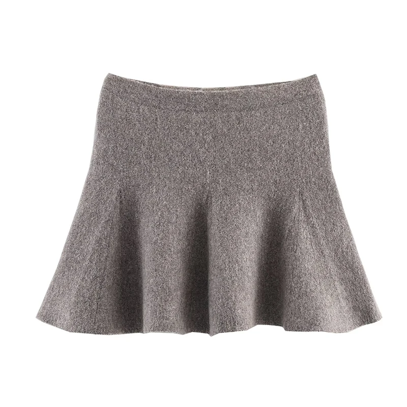 YENKYE Elegant Gray Knit Mini Skirt For Women Elastic Waist A-line Autumn Winter Skirts