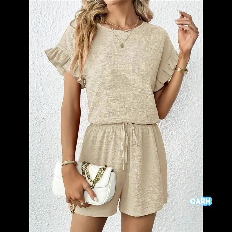 

Women's 2 Piece Outfits Round Neck Ruffle Short Sleeve Top And Drawstring Shorts Set