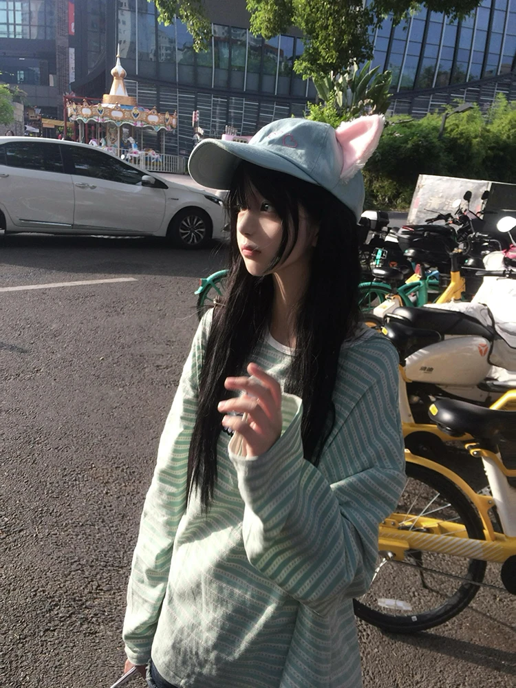 المرأة اليابانية الحلو القط التطريز شريط تي شيرت الخريف عادية فضفاض كم طويل بلايز Y2K Harajuku Kawaii موضة تيز جديد #4