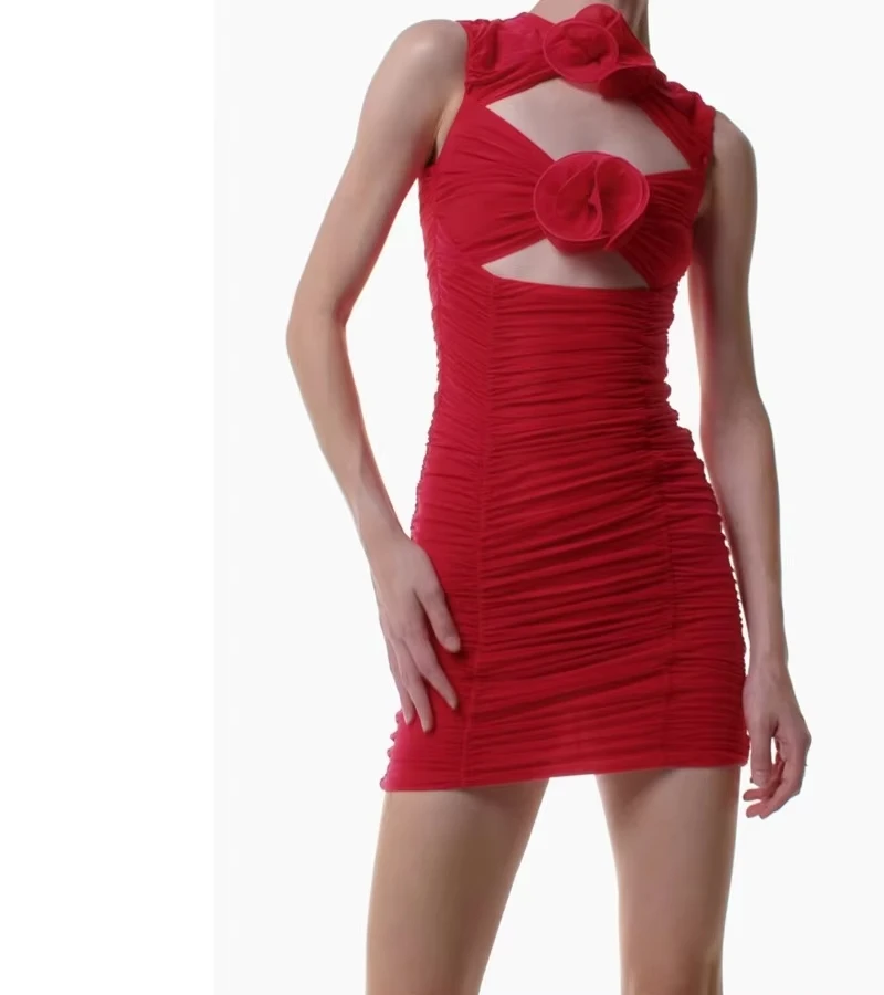 ใหม่แฟชั่นผู้หญิงจีบชุดสีแดงเซ็กซี่ 3D ดอกไม้แขนกุด Hollow Out Mini Elegant Celebrity Club Dresses