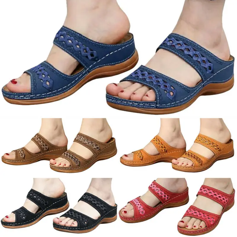 Summer Retro Wedges Slippers Women Non-slip Round Toe Comfortable Plus Size Casual Walking Beach Shoes Sandals 35-43