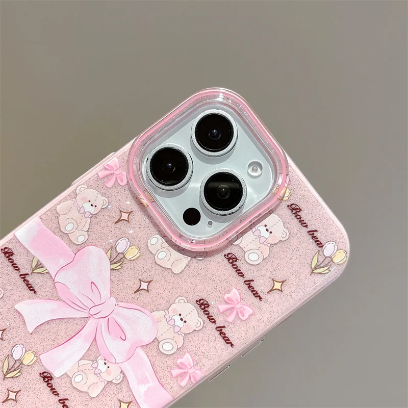 Милый чехол для телефона с блестящим бантом и цветочным принтом медведя для iPhone 14 15 Pro 16 Pro Max Flash, розовый, 3D чехол с бантом и лаппет для девочек, подарок