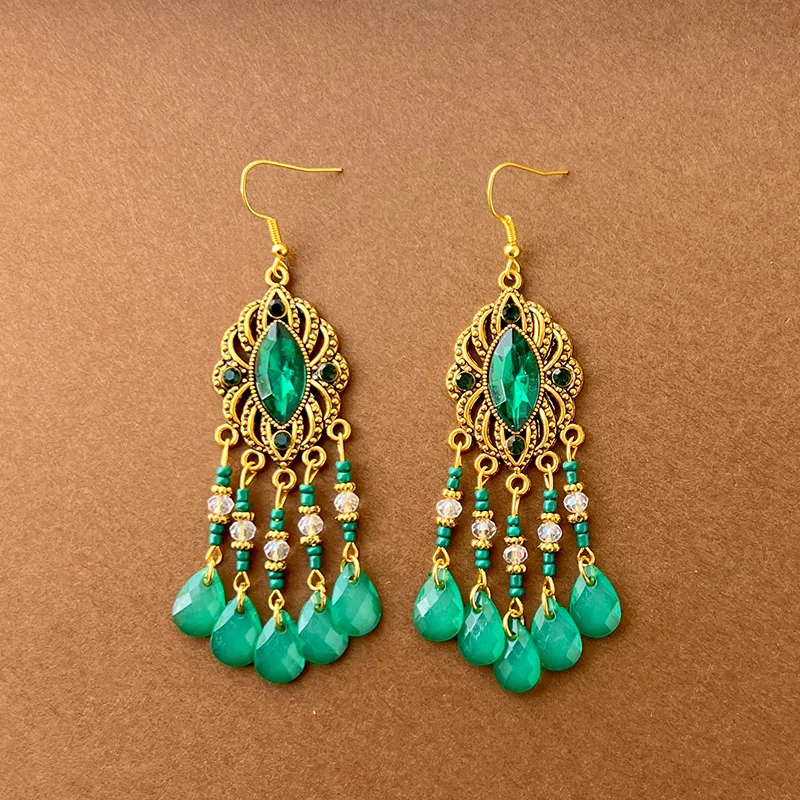 

Green Natural Style Water Drop Feather Earrings for Women Vintage Boho Long Rhinestone Crystal Dangle Earring Vacation Jewelry