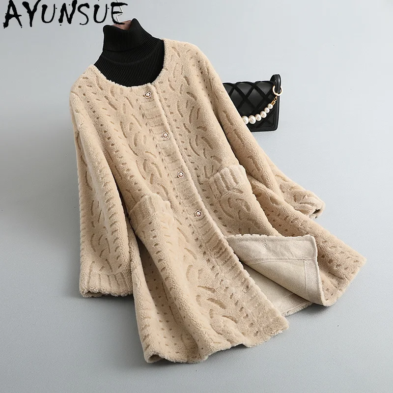 เสื้อโค้ทขนสัตว์แท้ 100% ยี่ห้อ AYUNSUE สำหรับผู้หญิง แจ็คเก็ตขนแกะแท้ เสื้อผ้าฤดูใบไม้ร่วงและฤดูหนาว เสื้อคลุมขนสัตว์ผสมสำหรับผู้หญิง เสื้อคลุมด้านนอก