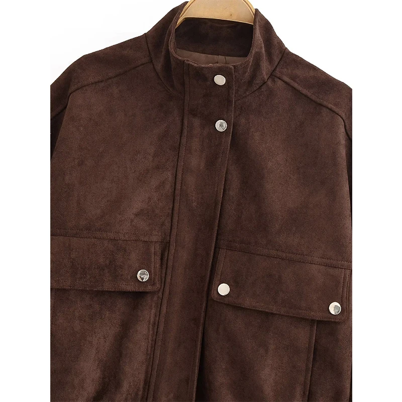 YENKYE Faux Suède Bomberjack Voor Vrouwen Lange Mouw Hoge Hals Met Zakken Jas Herfst Winter Warme Korte Outfits