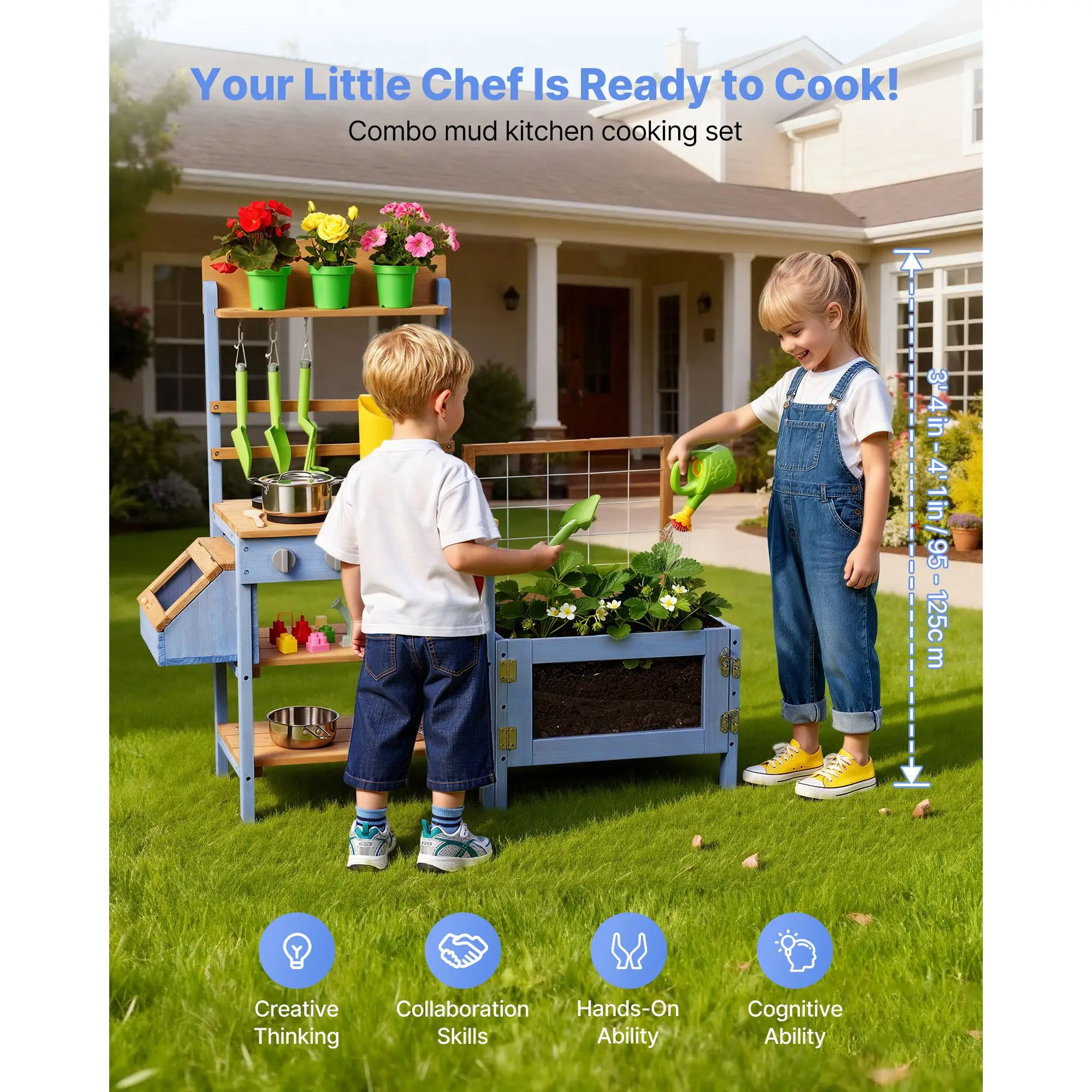 Mud Kitchen, Outdoor for Kids, Wood Play with Planting Box, Critter Catcher Container, Tank, Sink, Cookware Pots and