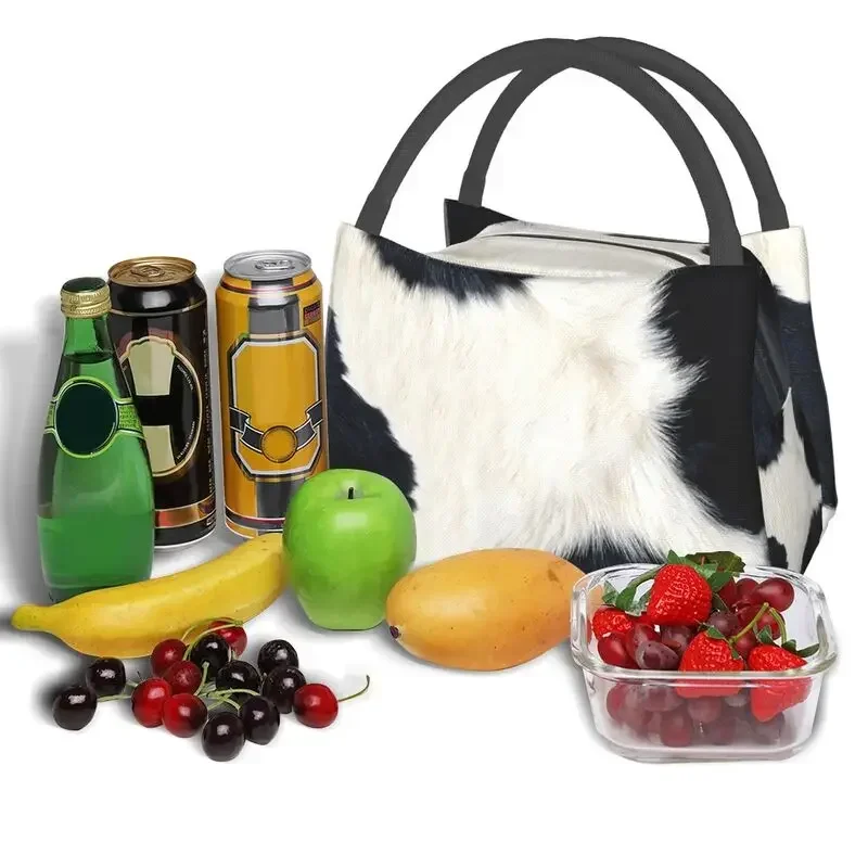 Print Black And White Cow Hide Insulated Lunch Bags for Women Simulated Cowhide Textured Portable Thermal Cooler Food Lunch Box