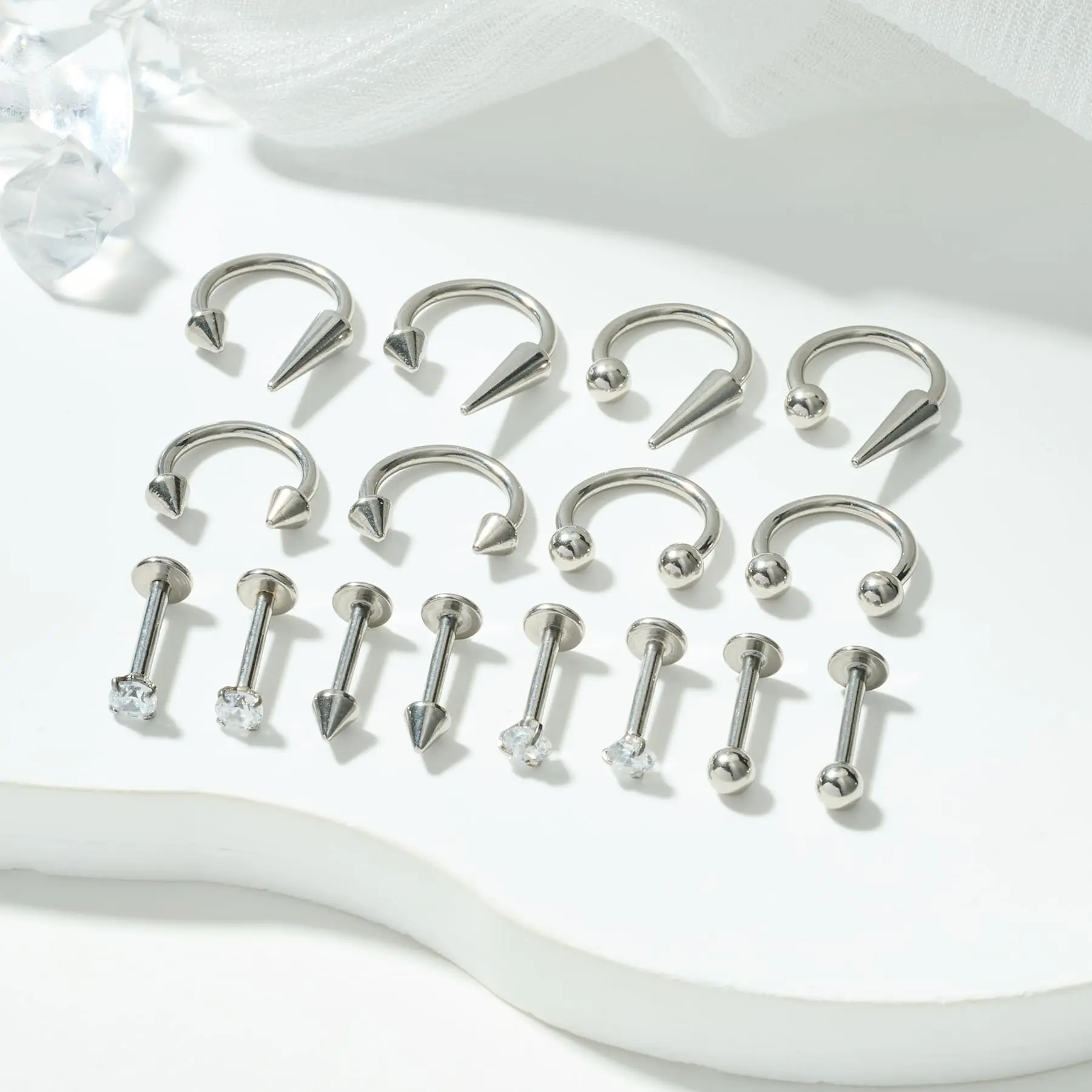 16pcs 16G Lip Rings Nose Horseshoe Labret Jewelry Lip Barbell Ring Spike Snake Bite Piercing Jewelry Tragus Helix Earrings Studs