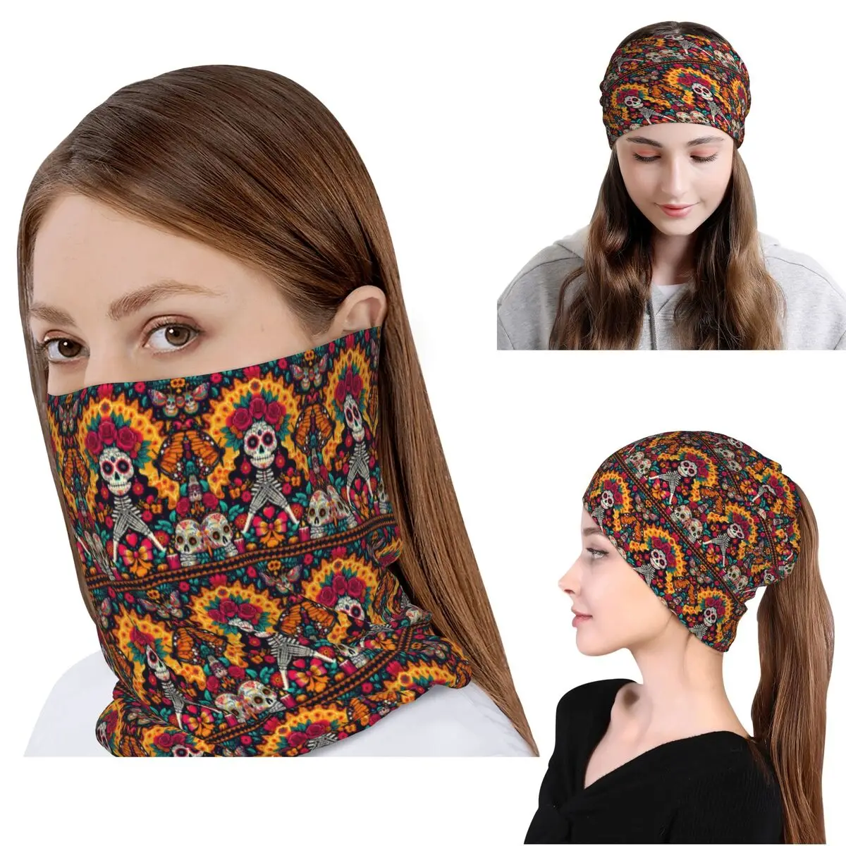 Mexican Sugar Skulls And Flowers Bandana Neck Gaiter Mask Scarf Warm Headwear Beanies Hat for Men Women Adult Washable