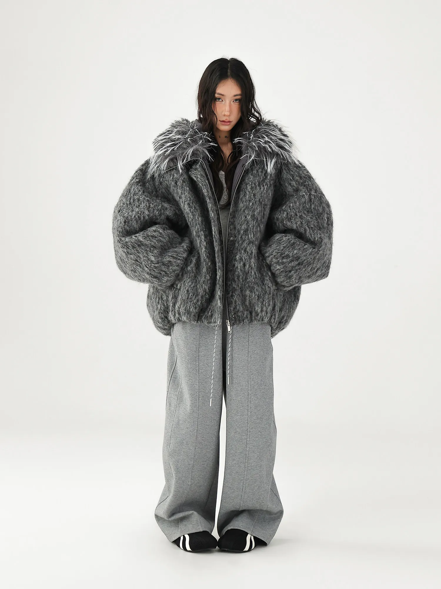 Nerazzur Autumn Winter Warm Thick Grey Oversized Quilted Blends Coat for Women with Faux Fur Trim Hood Loose Casual Woolen Coat