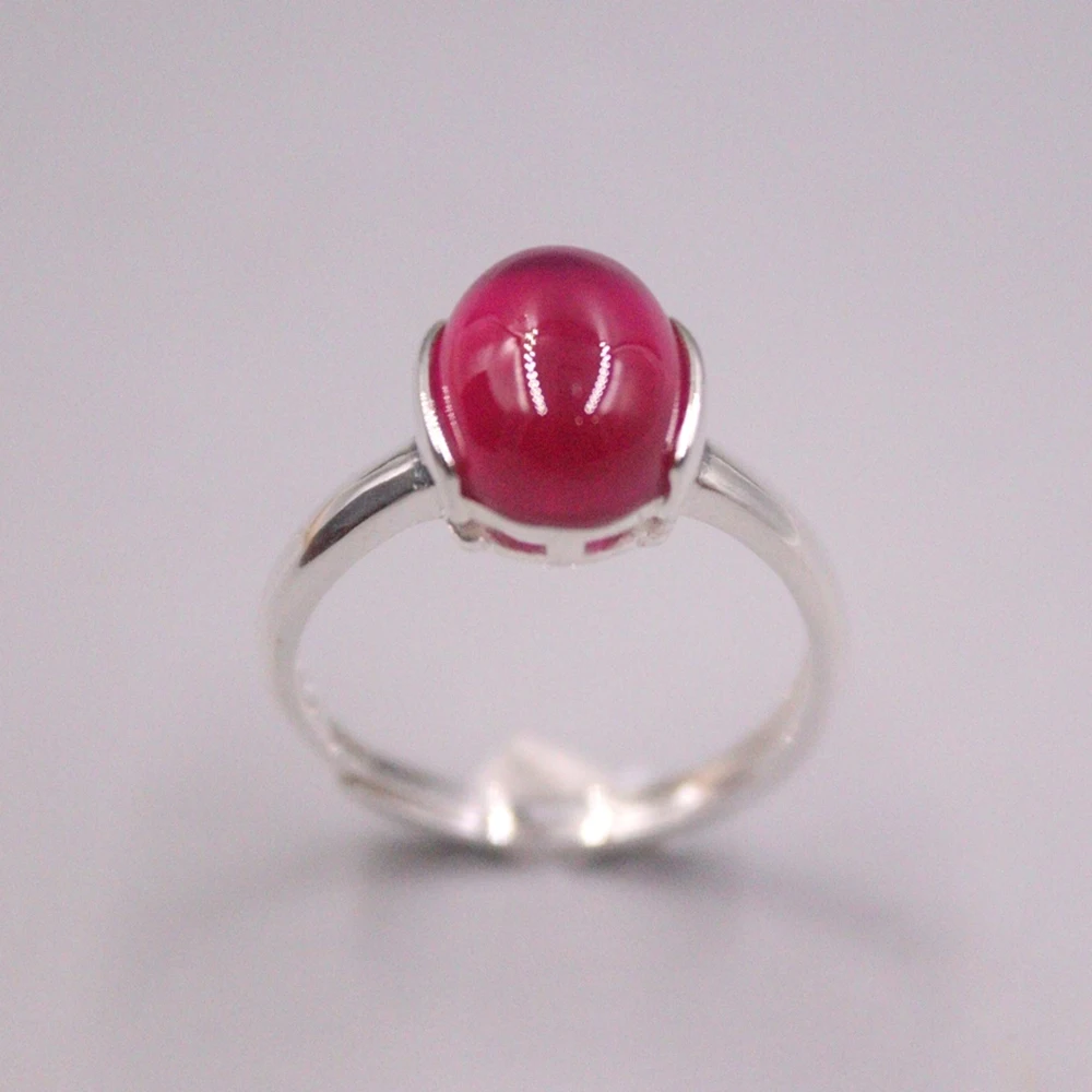 

Real Solid 925 Sterling Silver Band Women Lucky Oval Red Corundum Smooth Ring