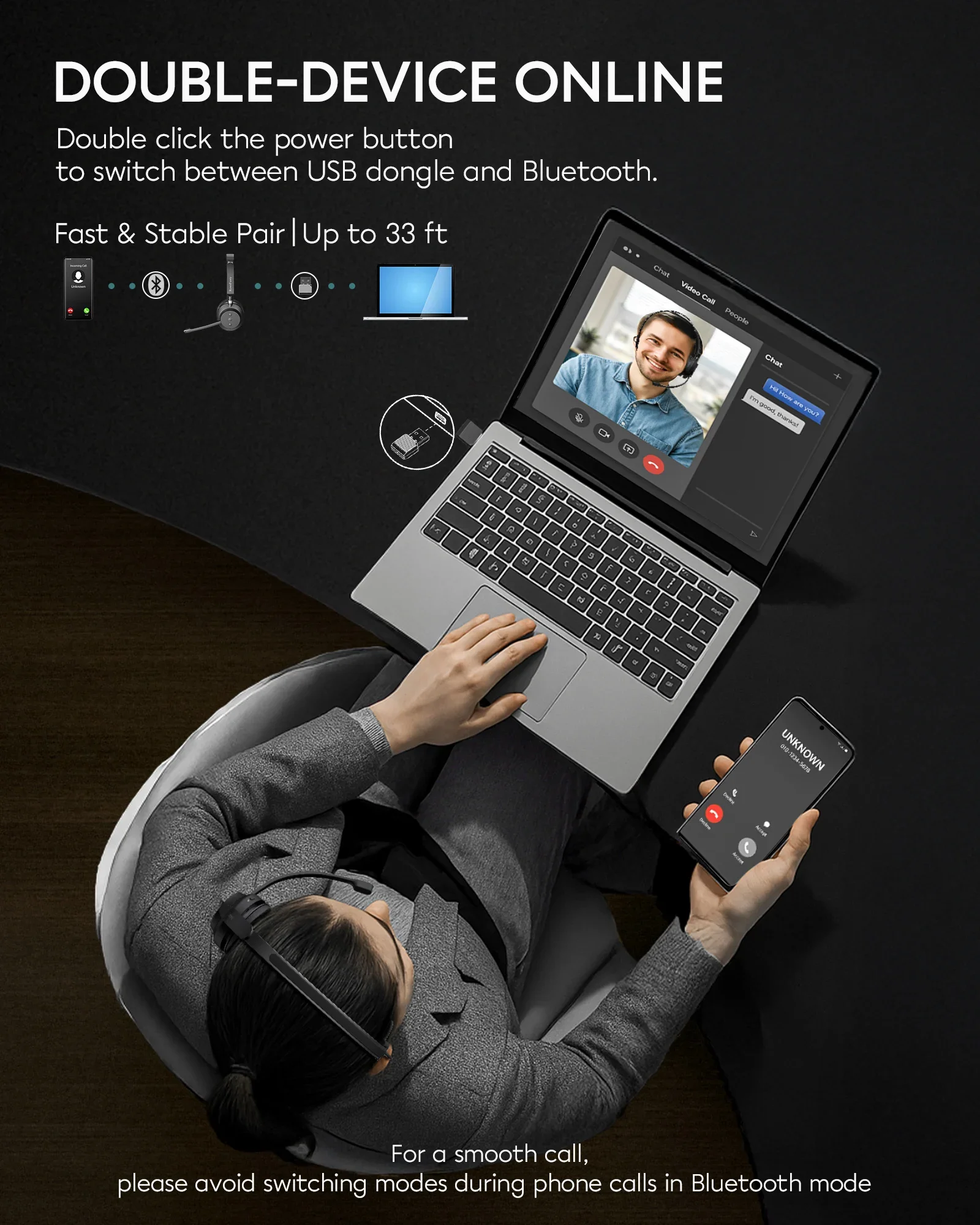 Rownfusny R03 Call Center Kabelloses Headset mit Mikrofon Bluetooth 5.3 Computerkopfhörer USB-Headsets Rauschunterdrückungsmikrofon – Detail 3