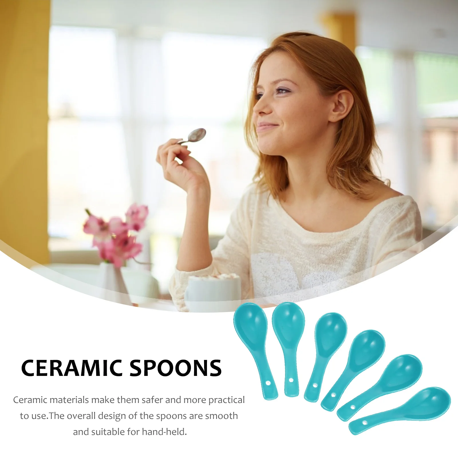 

6Pcs Ceramic Soup Spoons Smooth Design Practical Kitchen Utensil Multipurpose Food Tableware for Home Restaurant