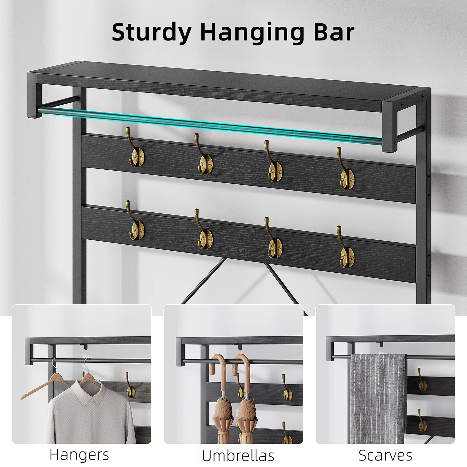 Industrieller Garderobenständer mit Schuhwechselbank, 2-stufiger Schuhablage, Haken, Kleiderstange, Metallrahmen für Flur, Garderobe, Schlafzimmer – Detail 6