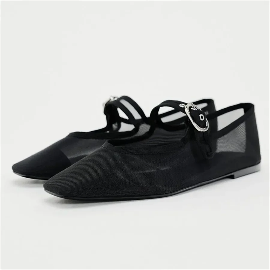 レディースメッシュバレエシューズ、通気性ローファー、ダンスシューズ、夏用ブラックフラットシューズ、女性用サンダル、メリージェーンシューズ