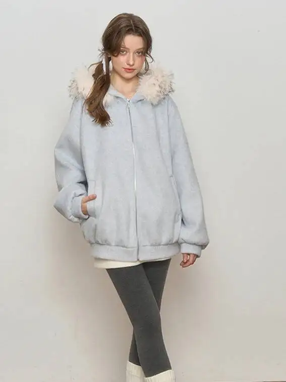 

Korean Winter Fur Collar Sweater Size Women's Cardigan Woolen Coat Zipper Closure