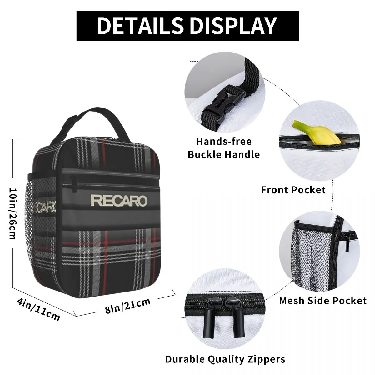 Tartan Plaid Recaros Insulated Lunch Bag for Women Office Cooler Thermal Food Box Tote Portable Lunch Boxes Container
