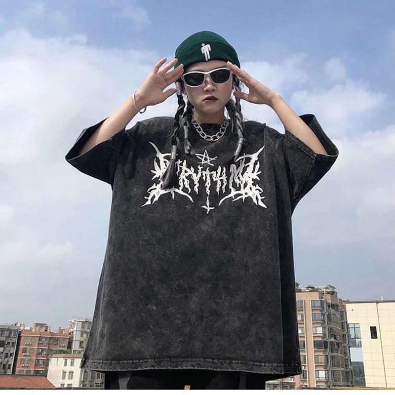 Y2K hip hop vintage 90s short-sleeved Oversized t-shirt summer goth design sense loose top tide streetwear washed denim T-shirt