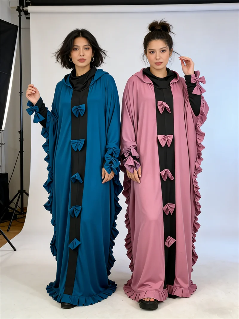 

Eid Bow Abayas Muslim Women Dress Djellaba Hooded Abaya Turkey Kaftan Kebaya Caftan Marocain Femme Robe Ramadan Islam Jalabiya