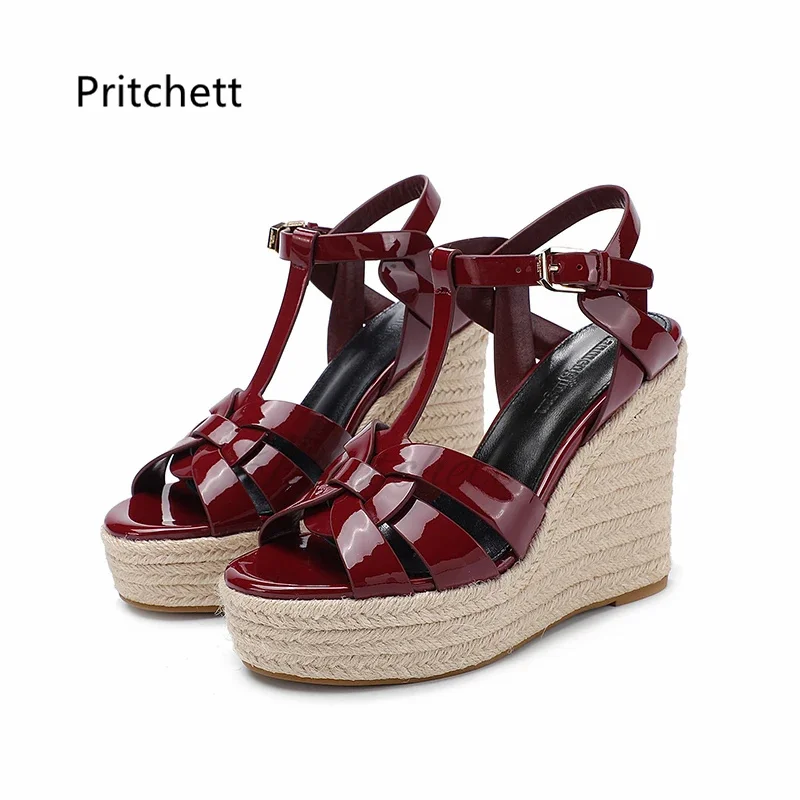 Women\'s High Heels Patent Leather Sandals Summer Platform Wedges Espadarille Shoes Candy Colors Open Toe Leather Weave Shoes