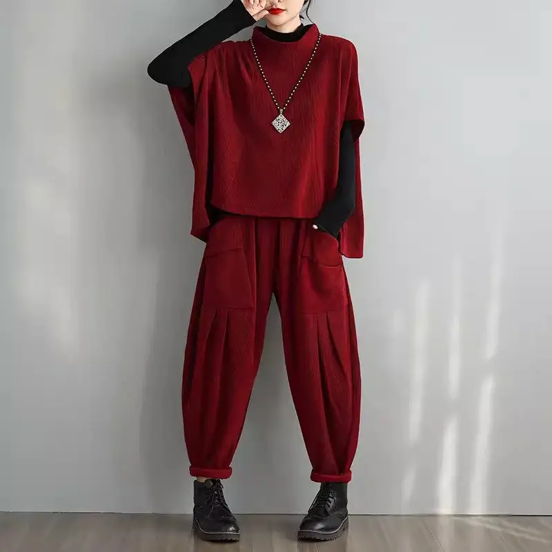 Mode großes Set für Frauen neue Herbst koreanische Harems hose Stehkragen Halbarm Pullover Top zweiteiliges Outfit k2270